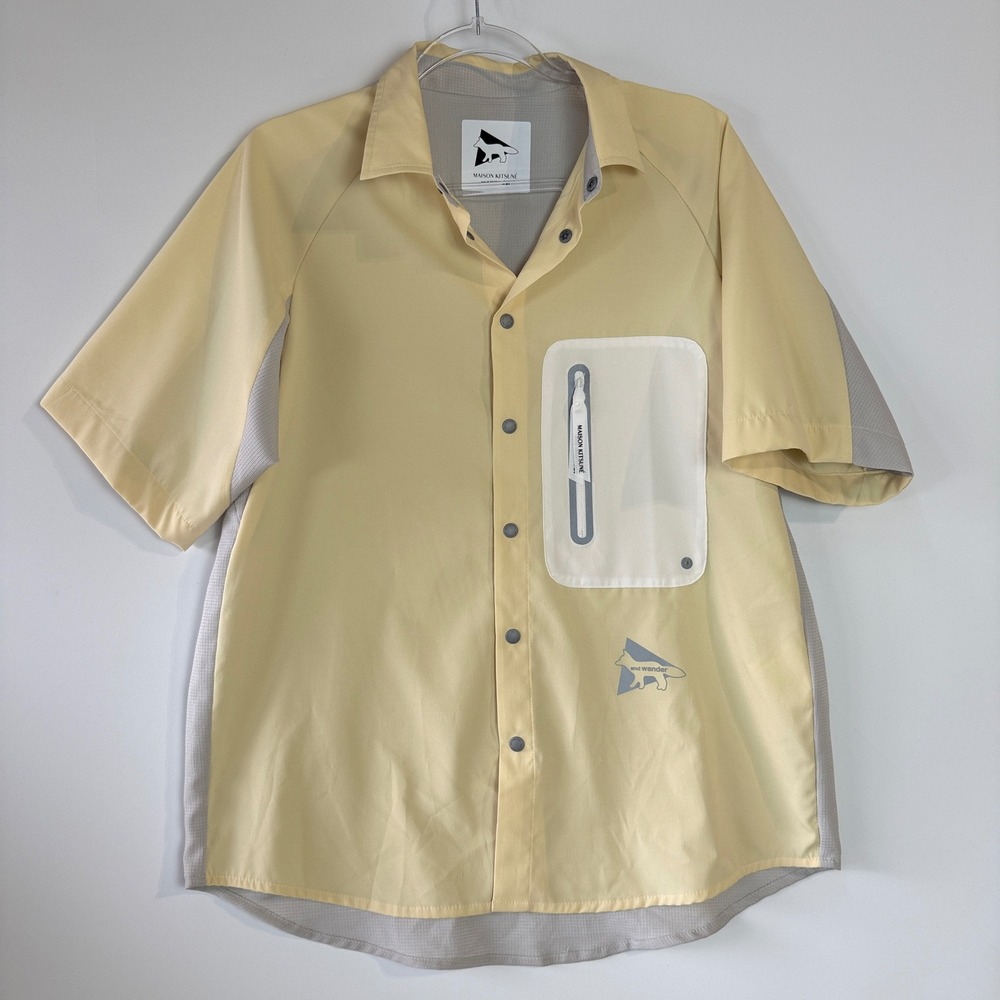 and wander Maison Kitsune Hiking‎ Shirt Mens 4 Yellow Grey Tech Panelled